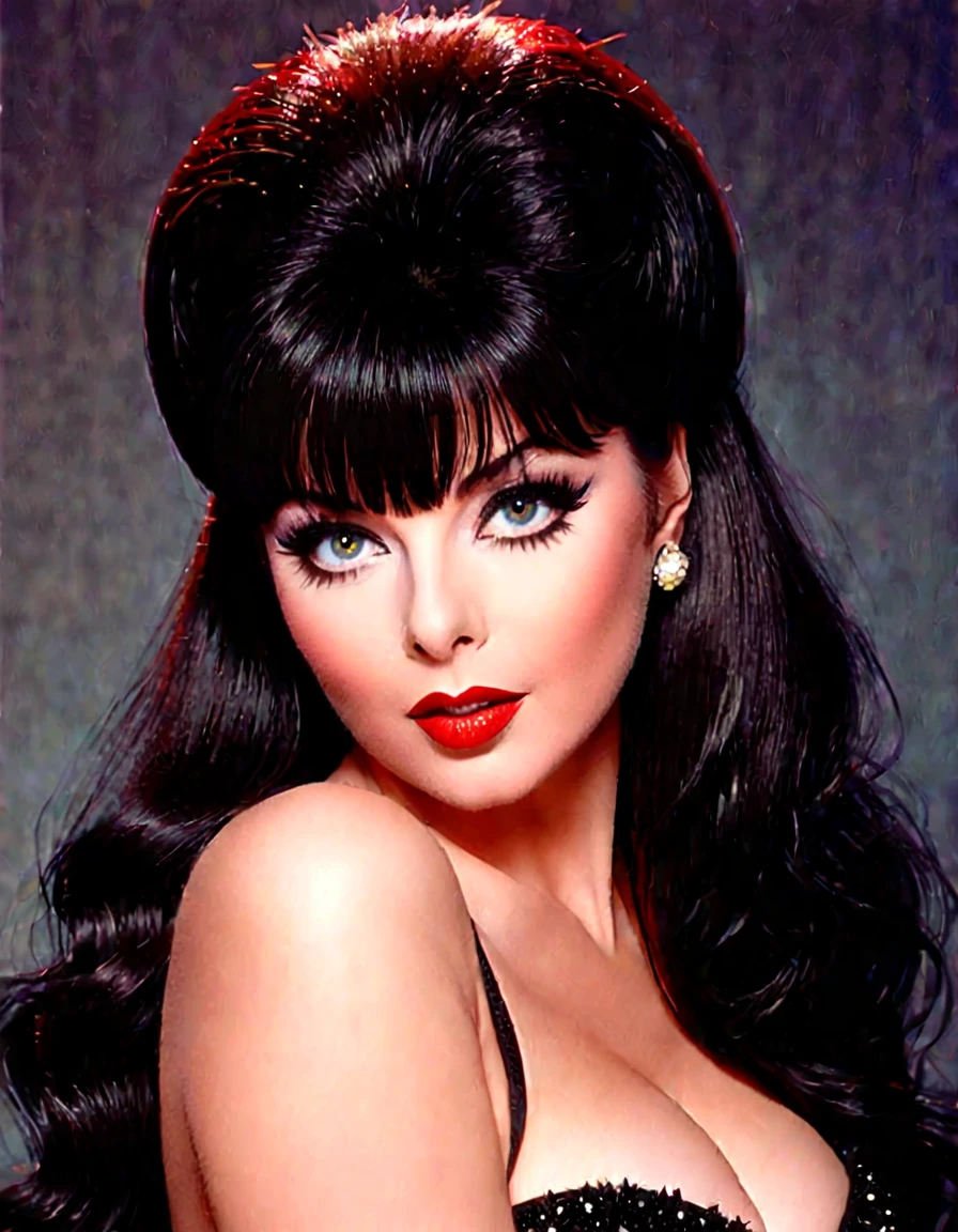 Produce a portrait of Elvira with a vintage film grain effect, capturing the essence of classic Hollywood photography. Ultra Realistic photo, vibrant colors, 16k