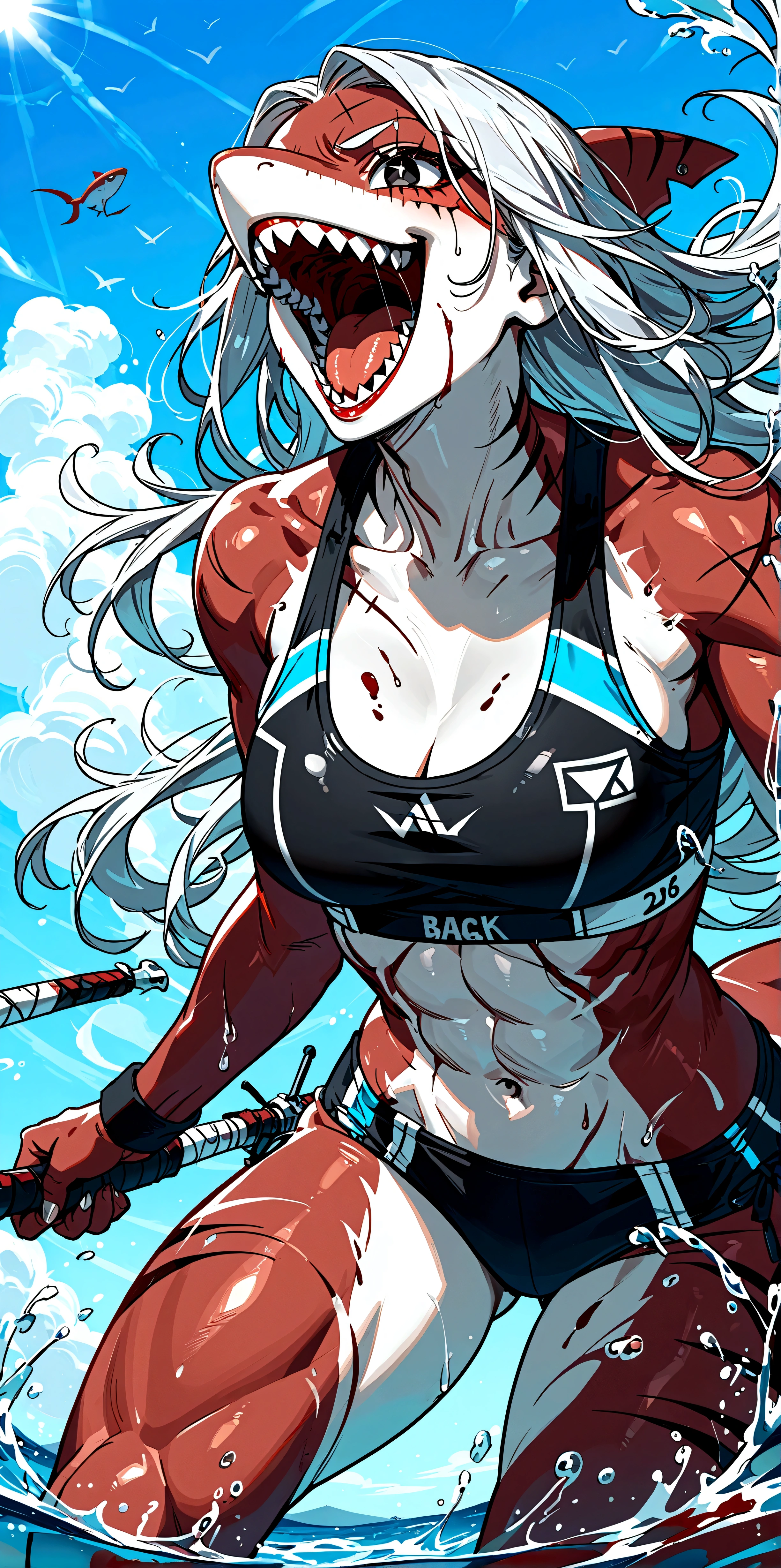 score_9, score_8_up, score_7_up, score_6_up, score_5_up, score_4_up, source_anime,source_furry,rating_safe,rating_questionable,masterpiece, best quality, perfect  , very aesthetic , absurdres , BREAK ,solo,1girl\((shark mermaid),girl,cute, jagged sharp teeth, large mouth, sucking fish, scarred face, scarred body, muscular, dorsal fin at back, large black eyes, (large pupils:1.3),shark eye, (gray skin:1.1), shark skin, (evil smile),(combed-back hair), motion blur, string bikini\), BREAK ,background(\under the sea, (bloody:1.4)\),dynamic action,dynamic pose,dynamic angle.long shot