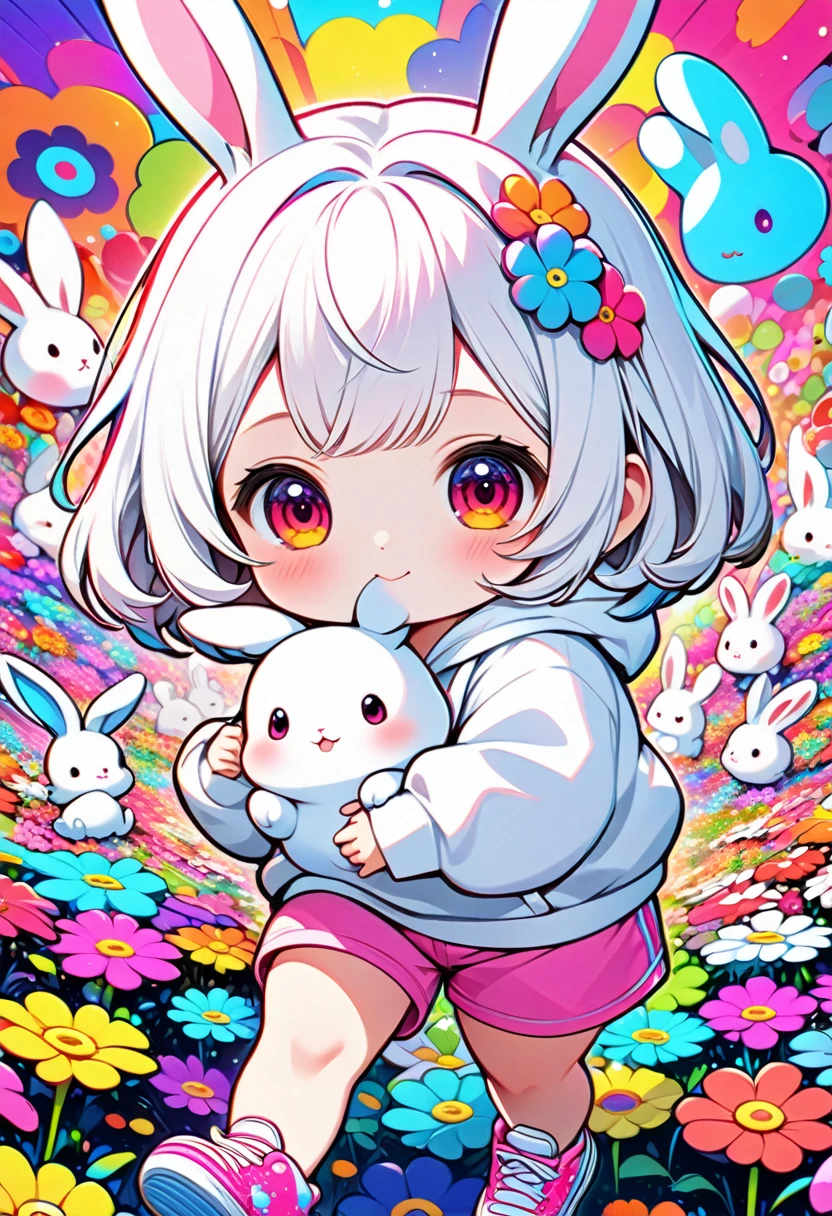 cute chibi girl with white short hair in colorful spots, adorable face, wearing white hoodie, pink shorts, colorful sneakers, playing happily with cute white chubby rabbit, in psychedelic pop color flower field background, (best quality, 8k, highres, masterpiece:1.2), ultra-detailed, vivid colors,