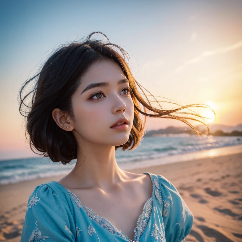 1girl in a blue pattern summer dress, beautiful detailed eyes, beautiful detailed lips, extremely detailed face, long eyelashes, walking on a white sand beach, sunset sky, vibrant colors, dramatic lighting, cinematic composition, (best quality,4k,8k,highres,masterpiece:1.2),ultra-detailed,(realistic,photorealistic,photo-realistic:1.37),cinematic lighting,golden hour,vivid colors,highly detailed,intricate details