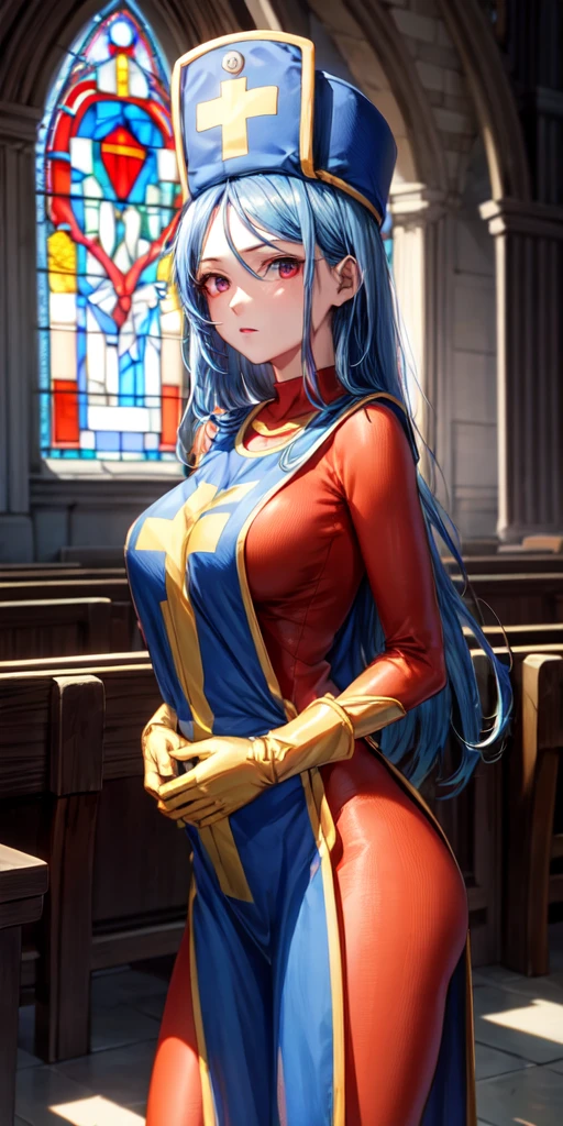 masterpiece, best quality, 4k, 8k, priest \(dq3\), 1girl, solo, long hair, blue hair, red eyes, mitre, tabard, cross print, orange bodysuit, elbow gloves, large breasts, praying, church, Stained glass, holylight, cowboy shot, from front, look at viewer, standing