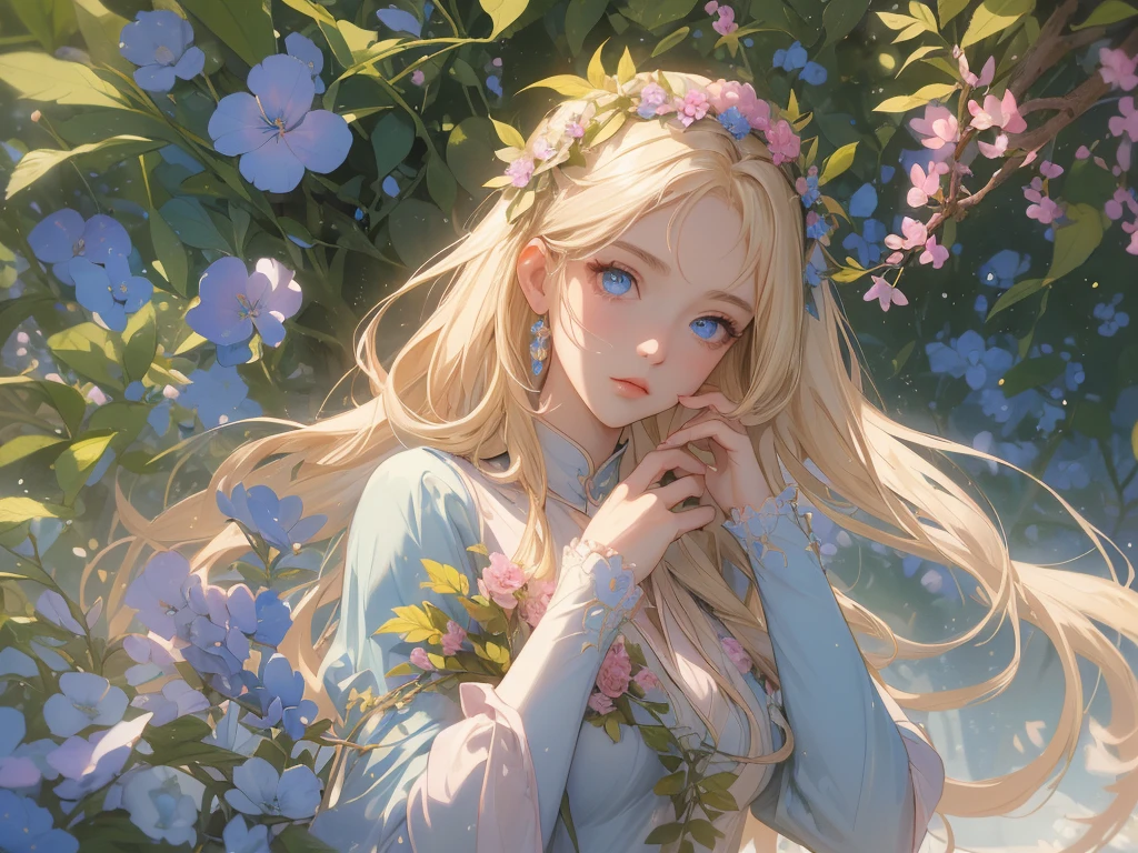 work of art, ultra creative, epic details, ultra detaild, best resolution, Woman, archer, blonde, (Beautiful nymph), ( robust wreath of leaves and pink and blue flowers), sculptural body, (brown clothes made of leather), ((perfect hands))), scenario:Enchanted Forest), no mistakes, (((epic details na face))), (((ultra perfect eyes)))