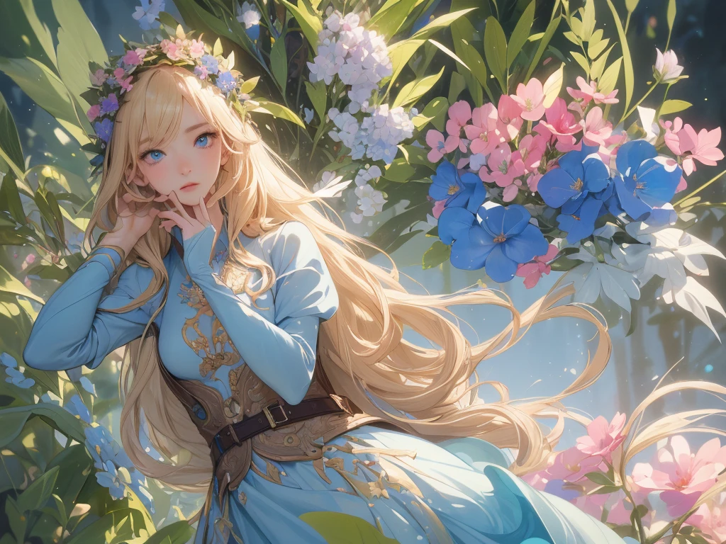 work of art, ultra creative, epic details, ultra detaild, best resolution, Woman, archer, blonde, (Beautiful nymph), ( robust wreath of leaves and pink and blue flowers), sculptural body, (brown clothes made of leather), ((perfect hands))), scenario:Enchanted Forest), no mistakes, (((epic details na face))), (((ultra perfect eyes)))