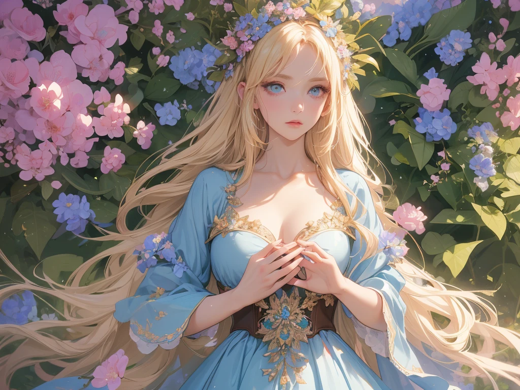 work of art, best qualityer, ultra epic details, (long scarlet red hair), purple iris eyes, Chinese hair, (emanating purple rays), black leagwear, forest in the background, rosto angelical ((Face ultra detailed)), (perfects eyes), frowning eyes, tied up hair, flushed skin, serious expression 