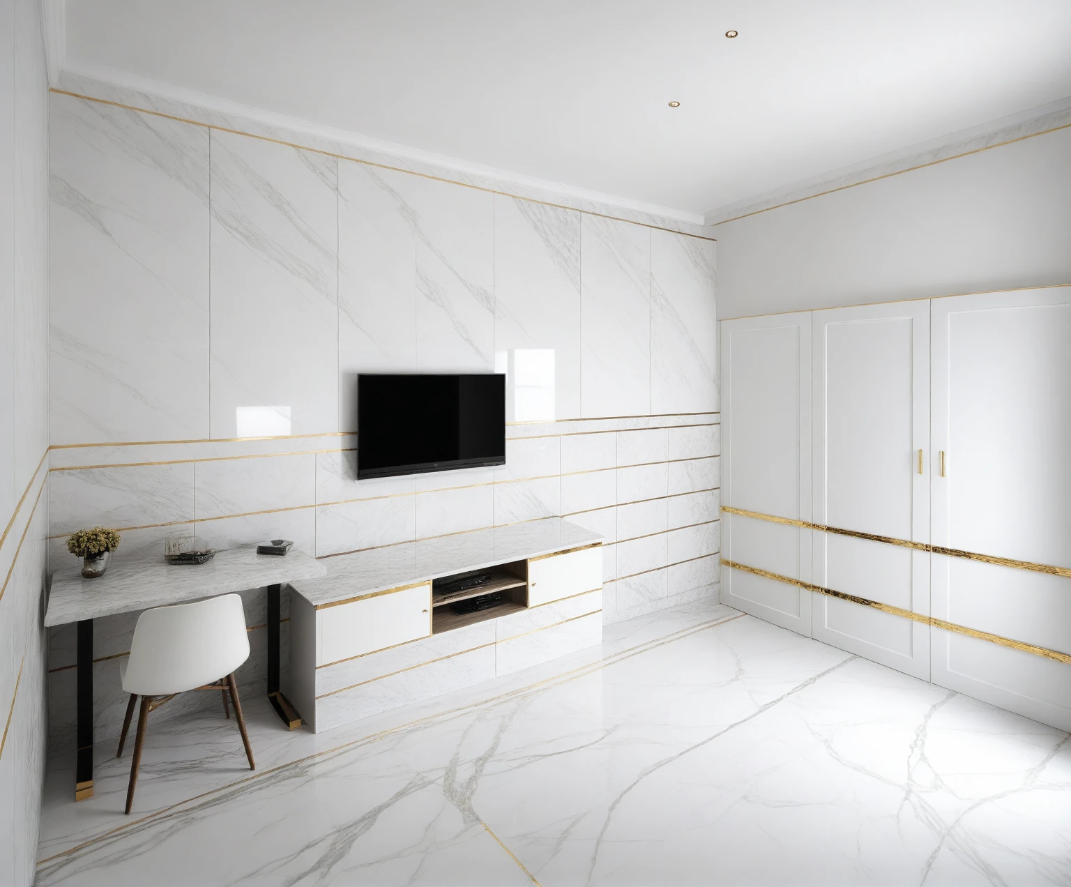 Raw photo,Masterpiece, high quality, best quality, authentic, super detail,
indoors, interior , ((BEDROOM :1.3)), modern style, daylight, (WHITE WALL),luxury, marble tile floor,