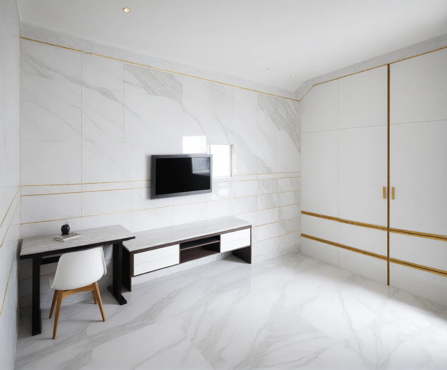 Raw photo,Masterpiece, high quality, best quality, authentic, super detail,
indoors, interior , ((BEDROOM :1.3)), modern style, daylight, (WHITE WALL),luxury, marble tile floor,