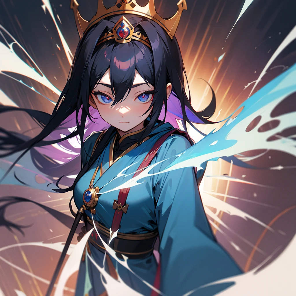 Blue robes, staff, long black hair, bodhisattva crown, dark, heterochromatic eyes