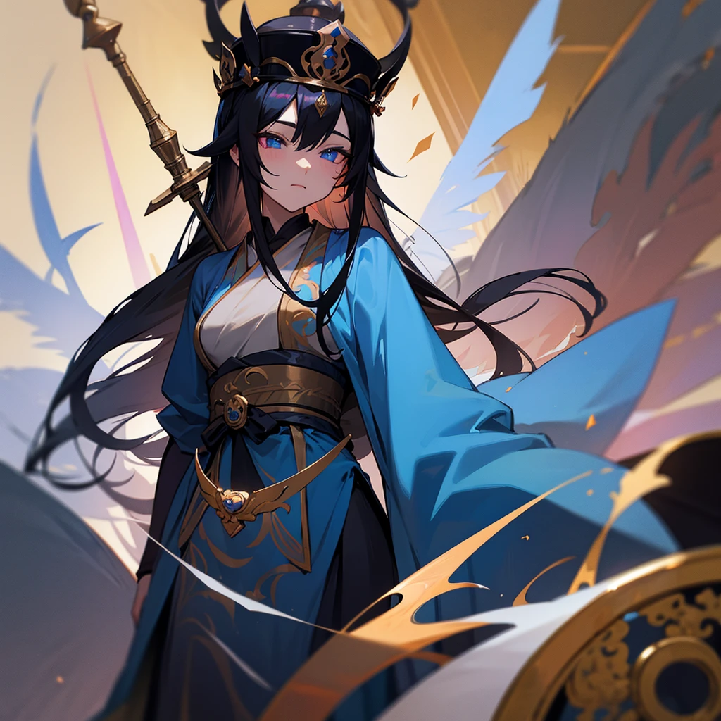 Blue robes, staff, long black hair, bodhisattva crown, dark, heterochromatic eyes