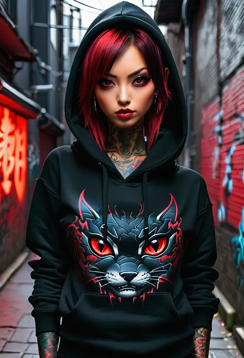 1girl, black hoodie, wearing the hood, tattoos, red eyes, dark alley, red graffiti, red japanese led