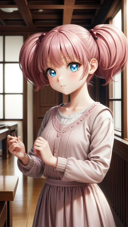 masterpiece, Highest quality, Very detailed, 1 Girl,Twin tails, Pink Hair, hair ornaments,Hair Bobble, blue eyes,indoor,