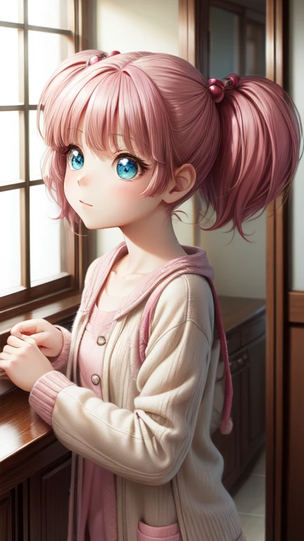 masterpiece, Highest quality, Very detailed, 1 Girl,Twin tails, Pink Hair, hair ornaments,Hair Bobble, blue eyes,indoor,