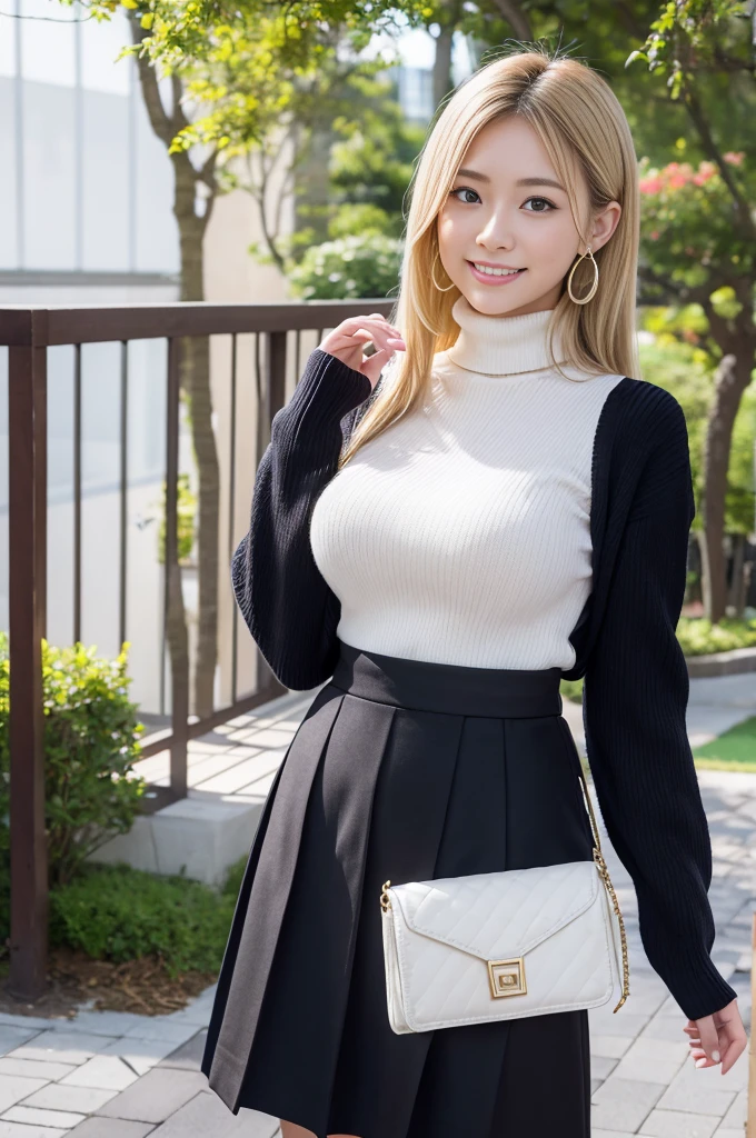 Masterpiece,4K,8K,real,One Woman,Japanese,27 years old,high school girl,Blonde natural long hair,,fine,Active,bright,healthy,nice smile,An innocent smile,Elegant,clear,Kind Face,Large Breasts,,e cup bust,Charm,Black turtleneck sweater,High Waist Midi Skirt,pointed toe pumps,Clutch bags,Pearl Earrings,The background is a park