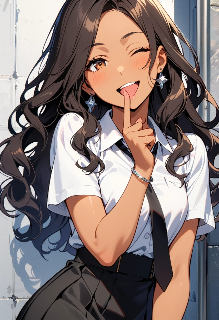 a woman, 19-years-old, solo, mature face, average height, tan skin, (long black wavy hair that's parted in the middle, no bangs:1.2), brown eyes, winking, one eye closed, white blouse, short sleeves, black necktie, black high-waisted skirt, small silver earrings, silver bracelet, leaning back against concrete pillar, indoor, playfully biting finger