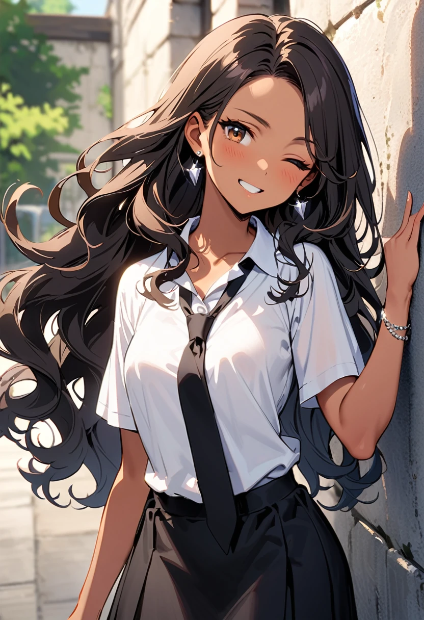 a woman, 19-years-old, solo, mature face, average height, tan skin, (long black wavy hair that's parted in the middle, no bangs:1.2), brown eyes, winking, one eye closed, white blouse, short sleeves, black necktie, black high-waisted skirt, small silver earrings, silver bracelet, leaning back against concrete pillar, indoor, playfully biting finger