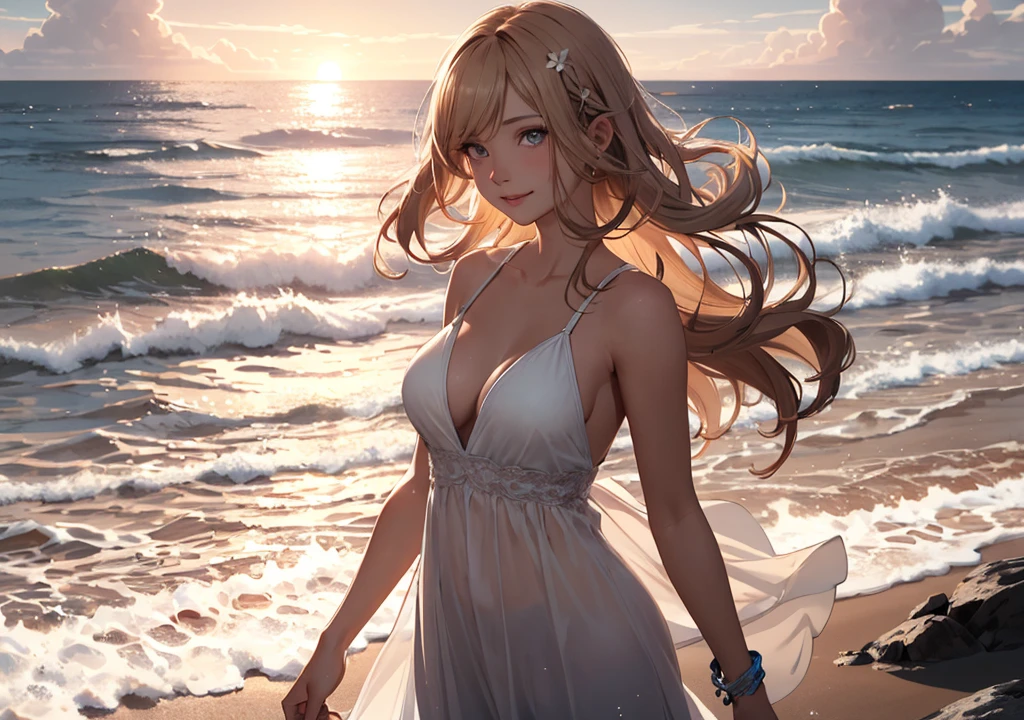 Realistic photos, Focus distance 10mm, Red and white, A big smile, Curly blonde hair, Beautiful girl, Realistic photos, Focus distance 10mmで撮影, masterpiece, 最high quality, high quality, Very detailed CG 8k wallpaper unit, Award-winning photography, Bokeh, Depth of written boundary, High resolution, bloom, chromatic aberration, Realistic, Very detailed, Art Station Trends, CGsociety Trends, Complex, High detail, dramatic, Art on the go, Beach Beauty: "A beautiful girl with long, sun-kissed hair, wearing a flowing summer dress, standing on a sandy beach at sunset, with the ocean waves gently crashing behind her."