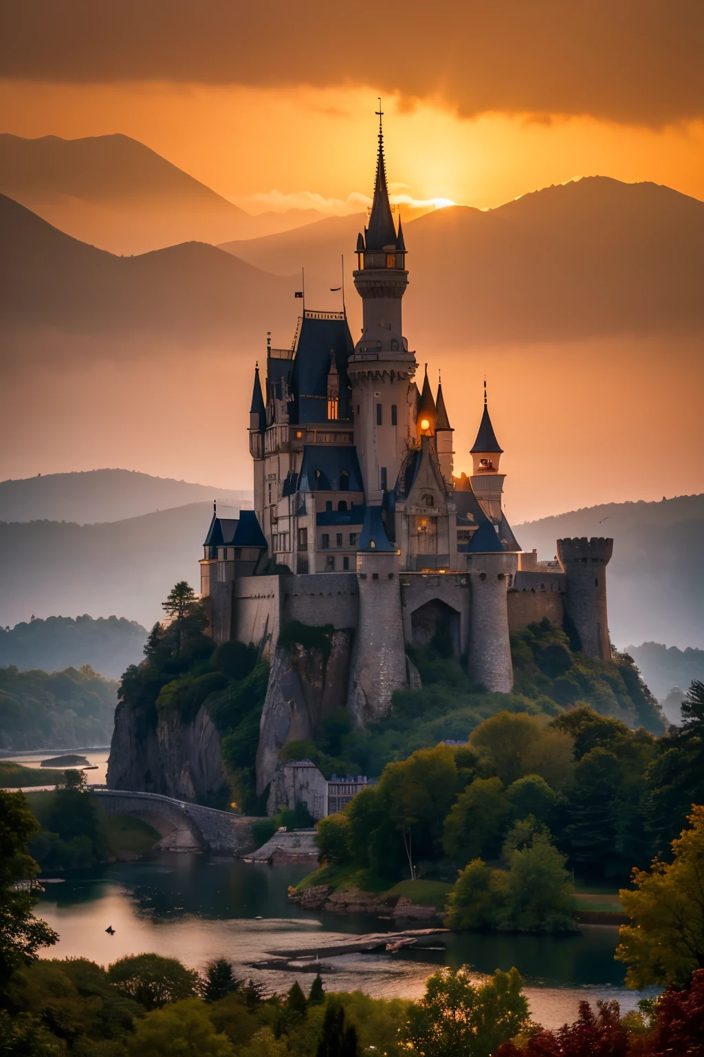 masterpiece, best quality, beautiful, exquisite, insanely detailed, high quality, ultra detailed, absurdres, ancient castle, dragon, at dusk