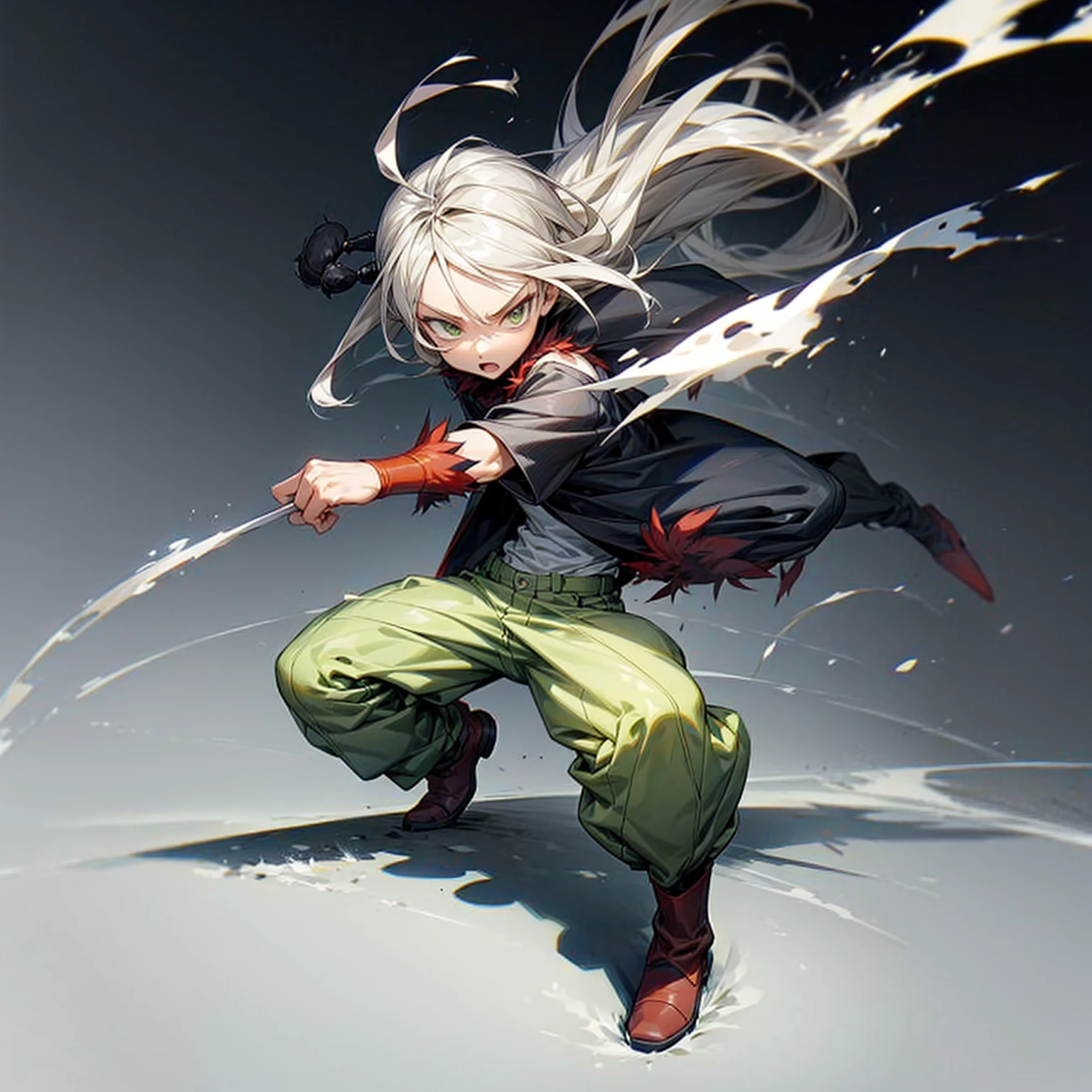 1little boy, Full body version, 1character, green eyes color, milk skin, long hairstyle, gray colour hair, muscle, minimalisty style clothing, red pegged pants, boots, Grassroots background in field snow, motion blur, (one piece style art), smoke, shadow, battle gesture, lighting fire, 