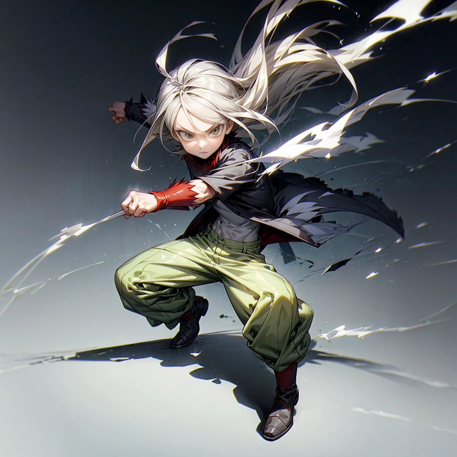 1little boy, Full body version, 1character, green eyes color, milk skin, long hairstyle, gray colour hair, muscle, minimalisty style clothing, red pegged pants, boots, Grassroots background in field snow, motion blur, (one piece style art), smoke, shadow, battle gesture, lighting fire,