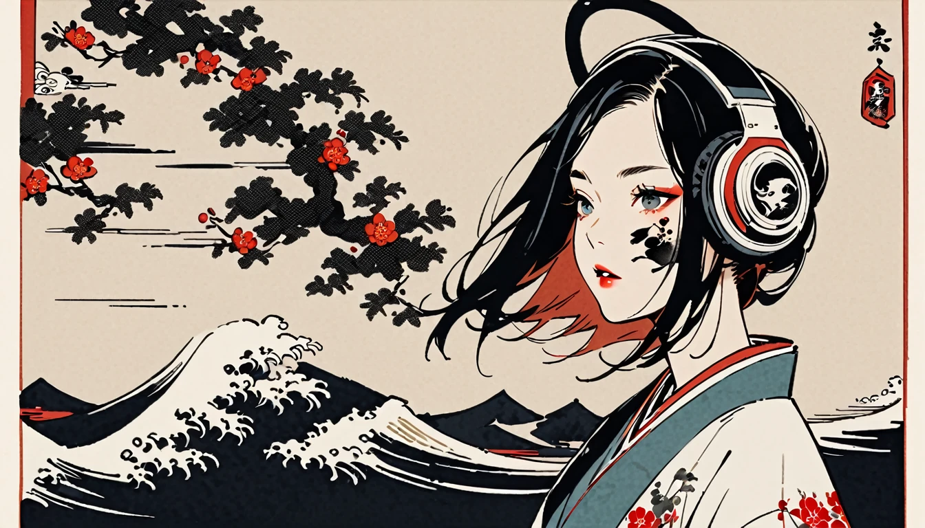 Ink Painting, (((1 girl))), (((Tattoo on face))), Japanese style headphones, beautiful girl, Black Hair, Delicate and precise, Modern ukiyo-e style, crazy