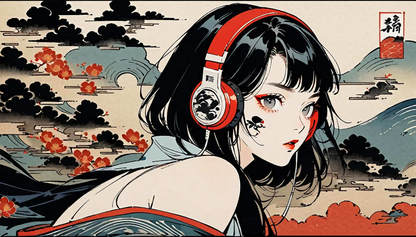 Ink Painting, (((1 girl))), (((Tattoo on face))), Japanese style headphones, beautiful girl, Black Hair, Delicate and precise, Modern ukiyo-e style, crazy