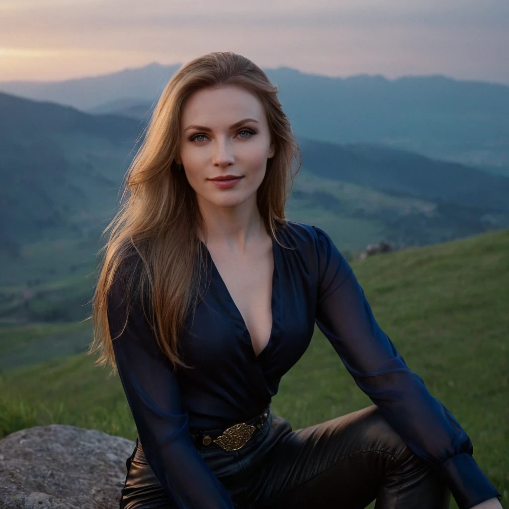 beautiful evil slavic woman, pale skin, long dark blond hair, muscular, Sitting on a hill, She wears a black silk blouse and leather pants, mountains, The fog is creeping,Low clouds lie in the valley, Indigo, sunset, Photo, smile, whole body, Sharp Focus, dynamic sexy pose, helios 44-2, swirling bokeh, Sharp Focus, complex parts, high detail, sharpness, character portrait, perfect lighting, masterpiece, Detailed backstory, Cinematic lighting, 8 k