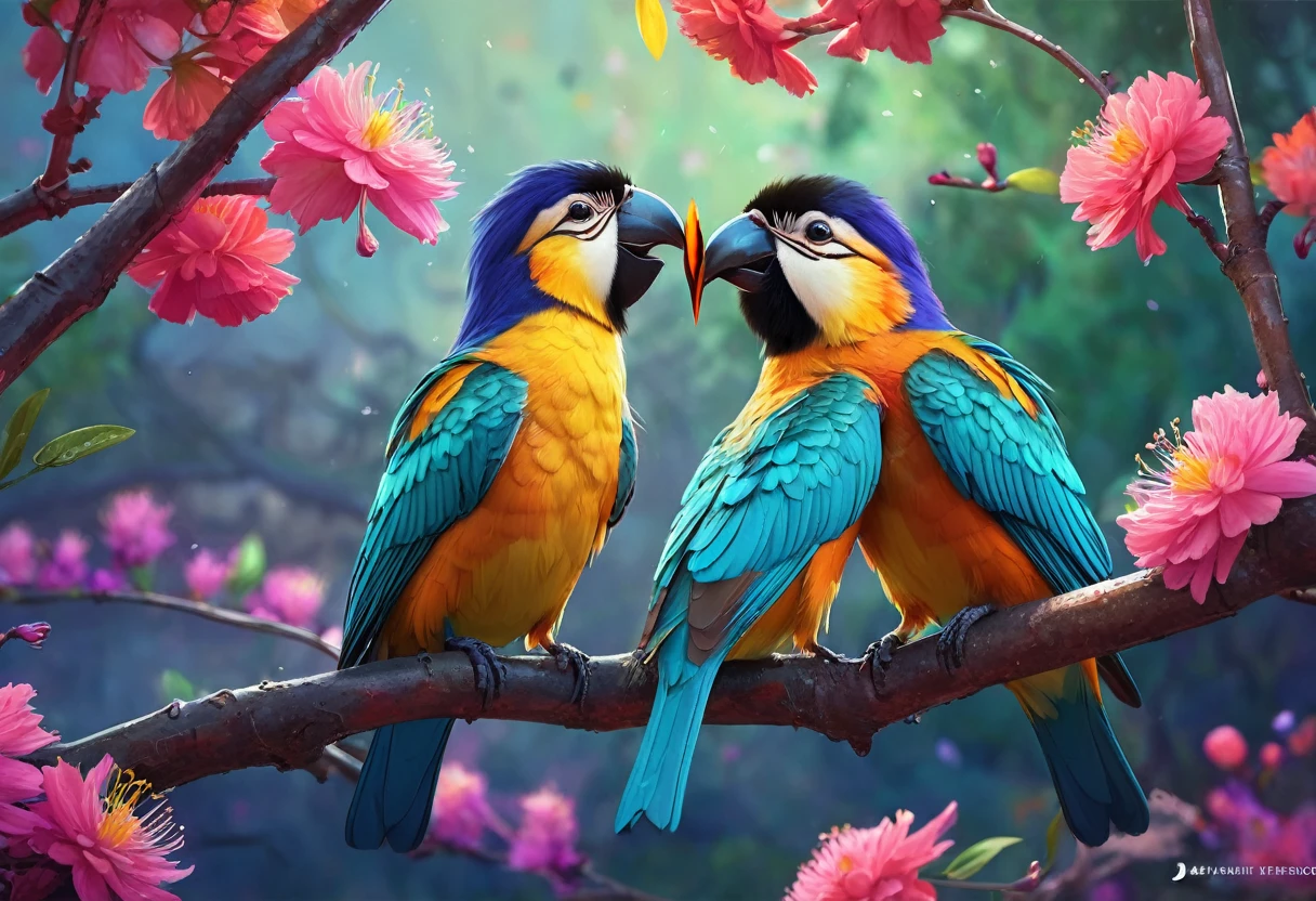 Two colorful birds perched on a tree branch with flowers in the background, Kiss on the cheek,Beautiful digital art, Colors with attention to detail, Highly detailed digital artwork, 鳥 f cgsociety, cgsociety Saturated colors, Highly detailed color low poly art, Highly detailed digital art, Vibrant and realistic colors, Beeple and Jeremiah Kettner, Colorful digital painting, Amazing digital illustrations, high quality digital painting