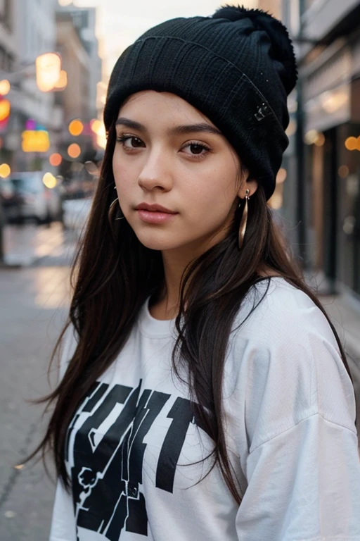 1girl, solo, long hair, black hair, written clothes, brown eyes, looking at the viewer, beanie, lips, upper body, closed mouth, shirt, earrings, https://i.postimg.cc/tCDfNDvp/Screenshot-20230606-212445.png