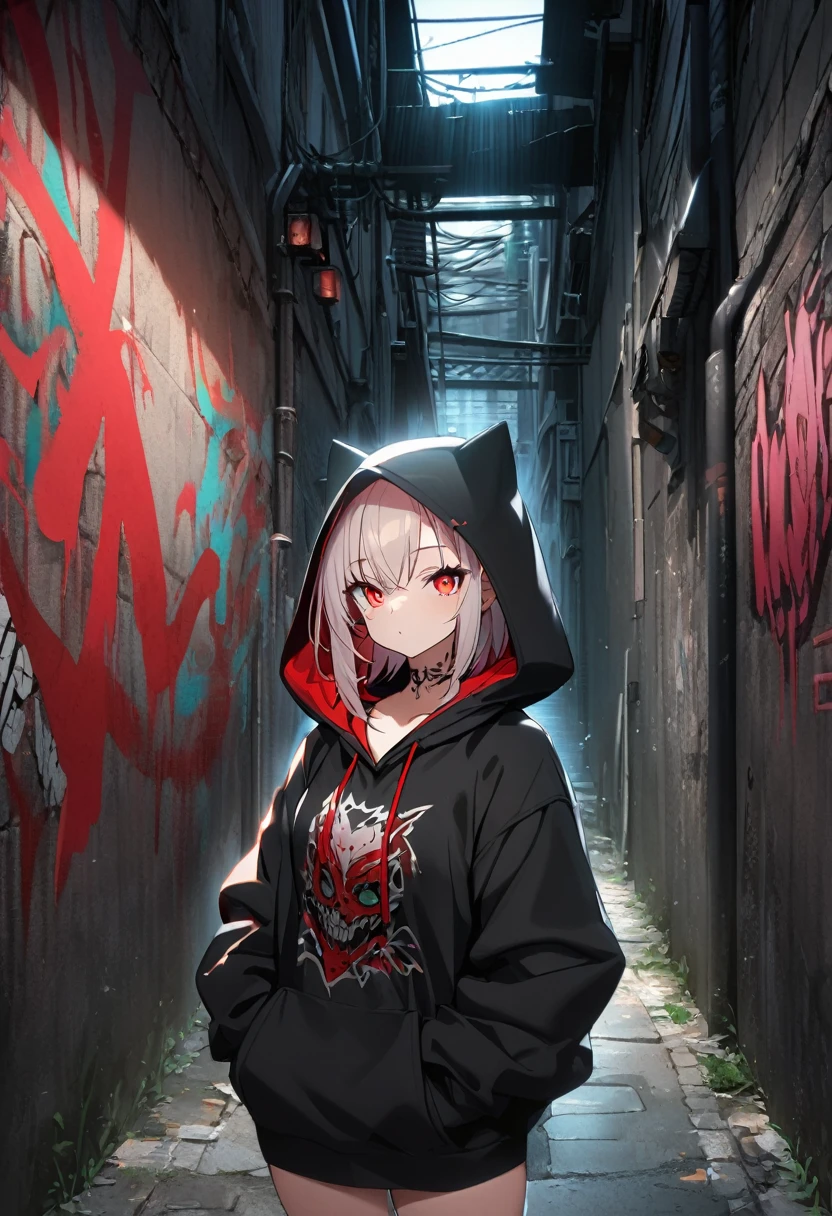 1girl, black hoodie, wearing the hood, tattoos, red eyes, dark alley, red graffiti, red japanese led