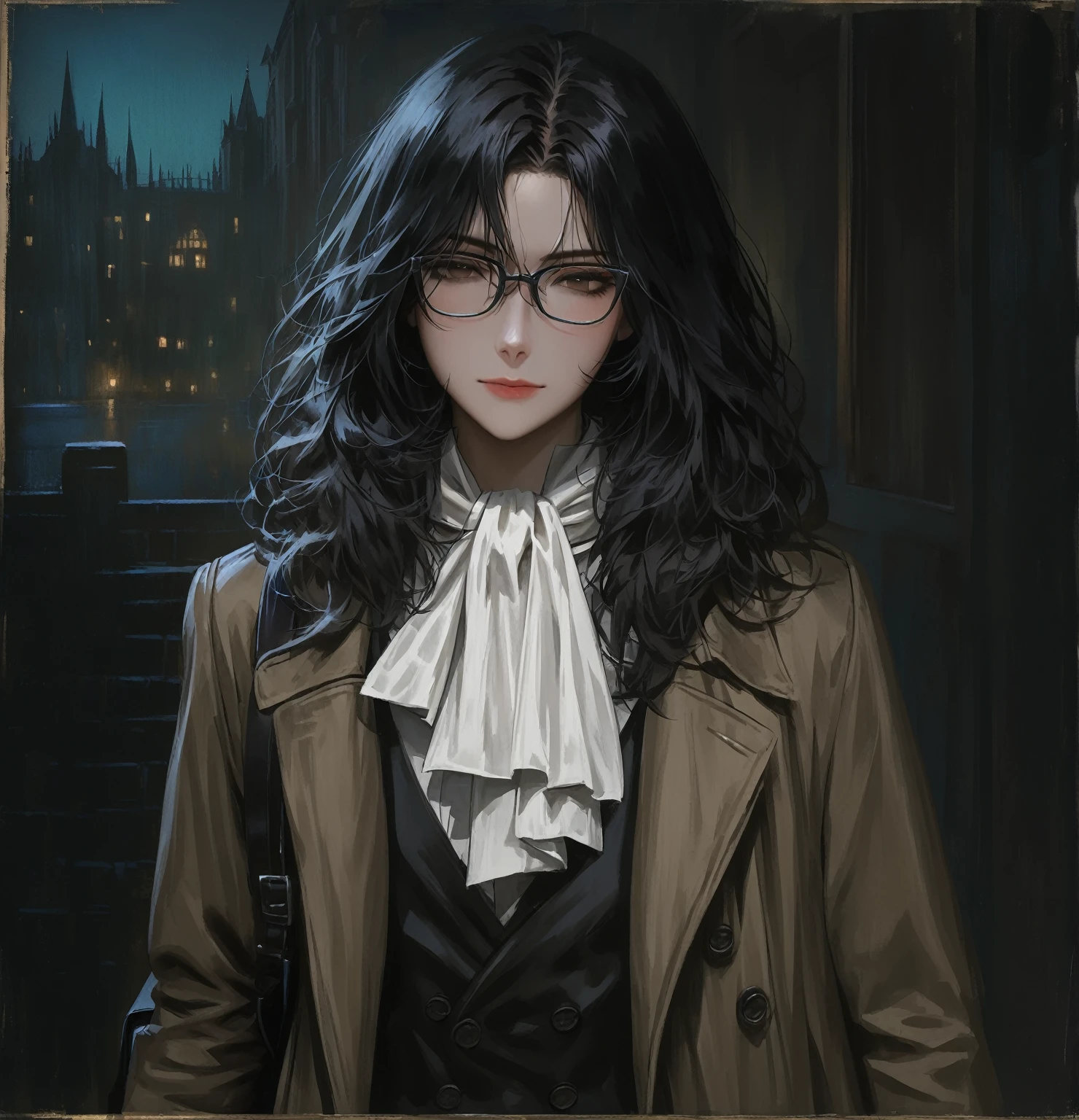 ((adult)), (woman), ((tall)), ((Ryoshu from Limbus company)) , masterpiece, best quality, dark aura,
short black hair, glasses, plain white shirt, brown coat, black pants, white kerchief around neck, carrying a robust leather bagpack, (faint smile), realistic anime style, (oil painting), dark old manor background, night, impasto.