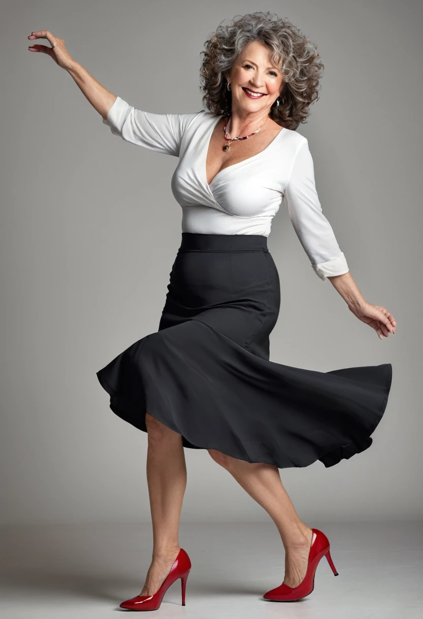 Take a realistic full-body photo of a mature woman, Small curly hair, 55 years old, Wavy hair flying in the air, ((Hourglass figure)), Semi-circular and full breasts, Beautiful angelic face , Wearing a black hip skirt, She poses for the photographer，Smile affectionately, Red high heels， Better photography, More reasonable details