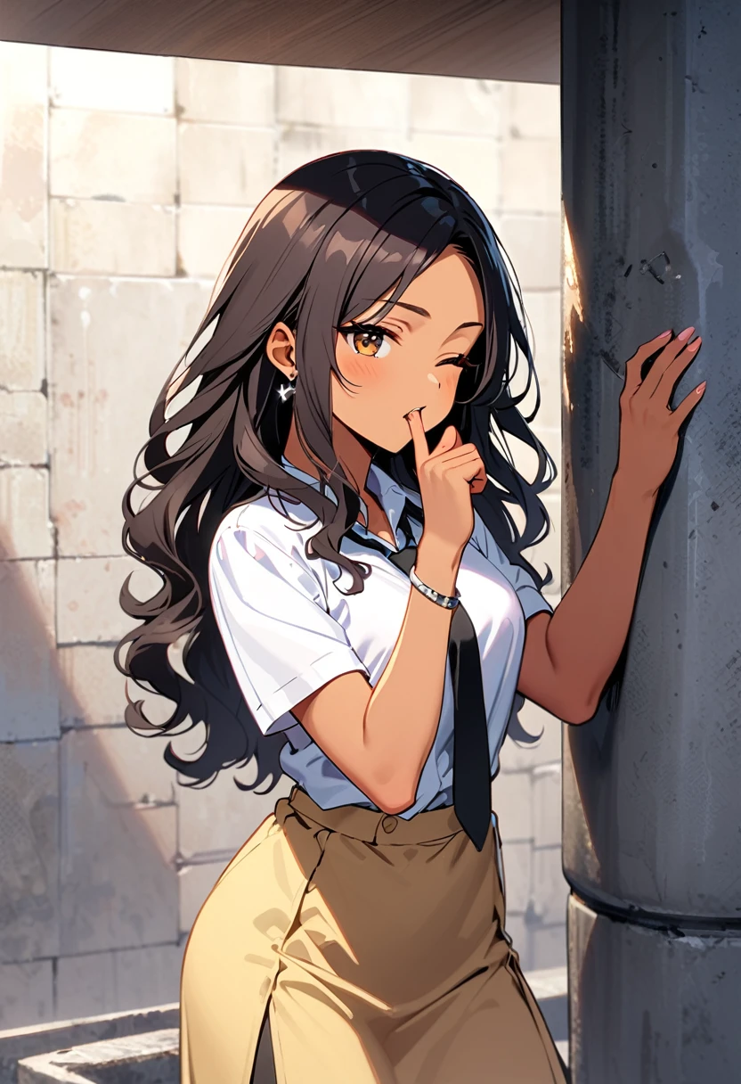 a woman, 19-years-old, solo, mature face, average height, tan skin, (long black wavy hair that's parted in the middle, no bangs:1.2), brown eyes, winking, one eye closed, white blouse, short sleeves, black necktie, black high-waisted skirt, small silver earrings, silver bracelet, leaning back against concrete pillar, indoor, playfully biting finger