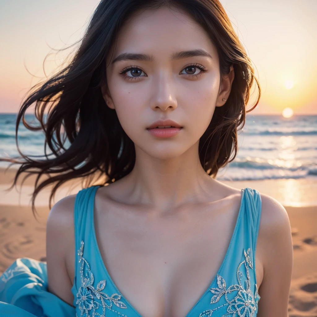 1girl in a blue pattern summer dress, beautiful detailed eyes, beautiful detailed lips, extremely detailed face, long eyelashes, walking on a white sand beach, sunset sky, vibrant colors, dramatic lighting, cinematic composition, (best quality,4k,8k,highres,masterpiece:1.2),ultra-detailed,(realistic,photorealistic,photo-realistic:1.37),cinematic lighting,golden hour,vivid colors,highly detailed,intricate details