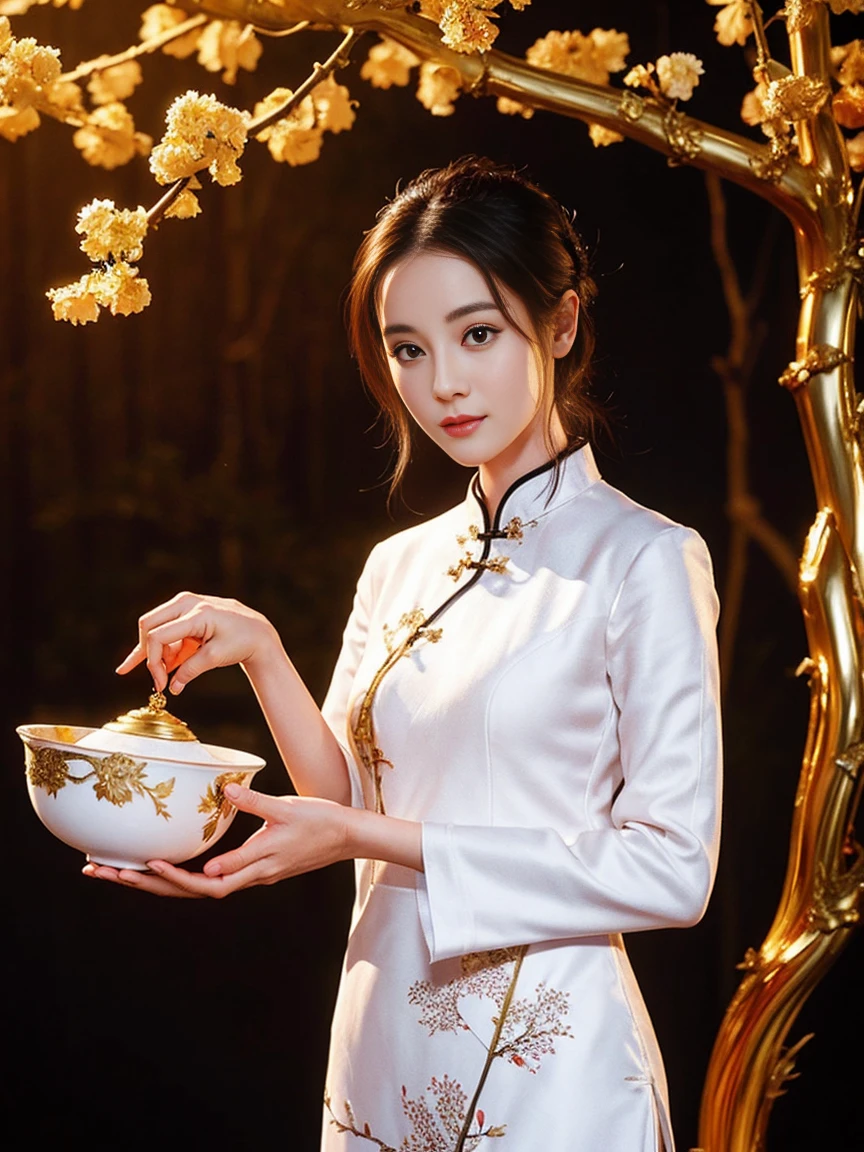 girl, There are small white flowers on the cheongsam,Holding a golden bowl in the left hand,Holding a golden Ruyi in the right hand