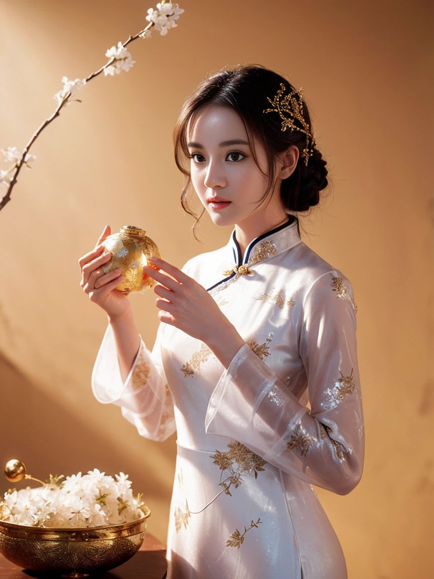 girl， There are small white flowers on the cheongsam，Holding a golden bowl in the left hand，Holding a golden Ruyi in the right hand