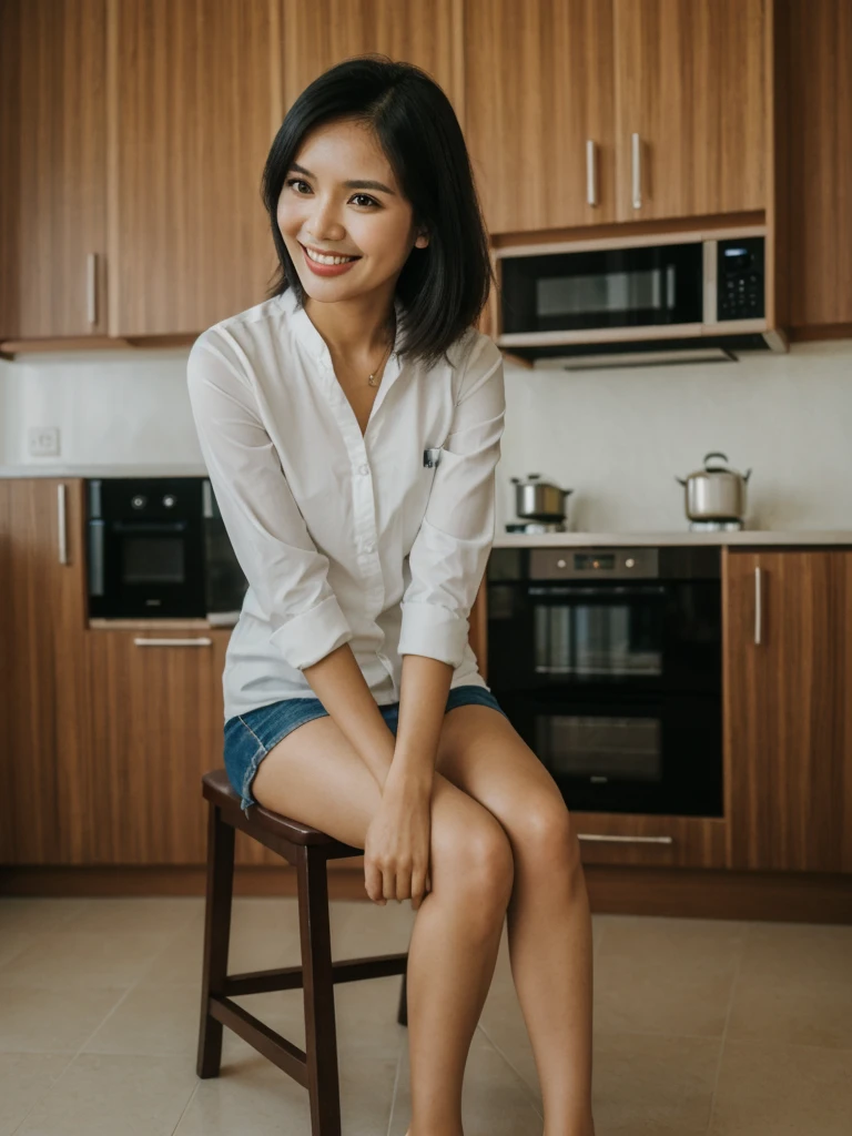 Jasmine, 1girl, solo, realistic, photorealistic, high quality picture, 8k, high resolution, detailed quality, film grain, natural photo, ultrarealistic, (((25-years-old))), ((detailed wrinkles in her face)), FILIPINA, (Background: Thailand), (((SLIM))), ((THIN)), (Slender) ((Jet-black hair)), Light smile, fully clothed, Pose: Sitting, ((sitting on a kitchen chair in her house in Thailand)), Night time, full shot