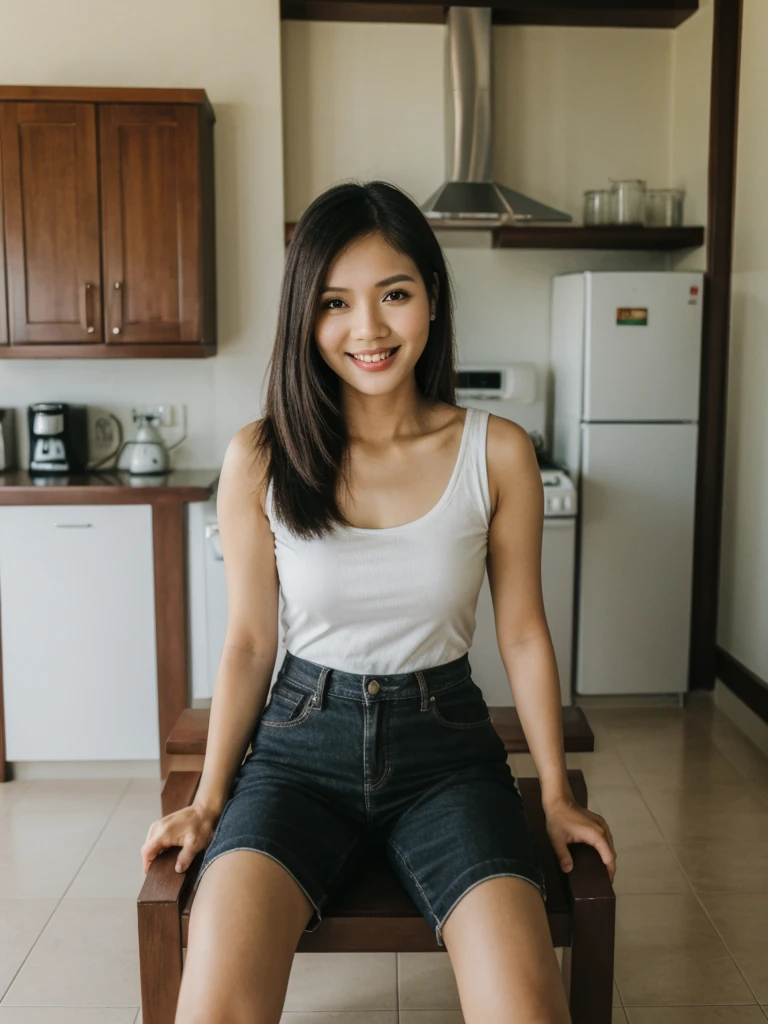Jasmine, 1girl, solo, realistic, photorealistic, high quality picture, 8k, high resolution, detailed quality, film grain, natural photo, ultrarealistic, (((25-years-old))), ((detailed wrinkles in her face)), FILIPINA, (Background: Thailand), (((SLIM))), ((THIN)), (Slender) ((Jet-black hair)), Light smile, fully clothed, Pose: Sitting, ((sitting on a kitchen chair in her house in Thailand)), Night time, full shot