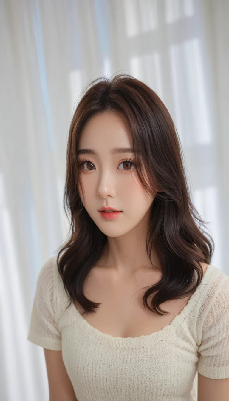 Best Quality, 8k, Masterpiece, (Portrait: 1.3), (photo realistic:1.4), (hyper realistic:1.4), Sharp Focus, looking at viewer, (smoother lighting:1.1), (increase cinematic lighting quality:0.9), realistic lighting, backlighting, light on face, ray trace, (brightening light:1.2), (Increase quality:1.4), sharp detail, (best quality real texture skin:1.4), finely detailed eyes, black_eyes, finely detailed face, 25 year old Korean woman
