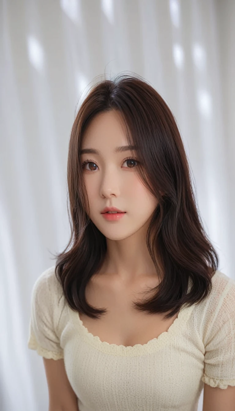 Best Quality, 8k, Masterpiece, (Portrait: 1.3), (photo realistic:1.4), (hyper realistic:1.4), Sharp Focus, looking at viewer, (smoother lighting:1.1), (increase cinematic lighting quality:0.9), realistic lighting, backlighting, light on face, ray trace, (brightening light:1.2), (Increase quality:1.4), sharp detail, (best quality real texture skin:1.4), finely detailed eyes, black_eyes, finely detailed face, 25 year old Korean woman