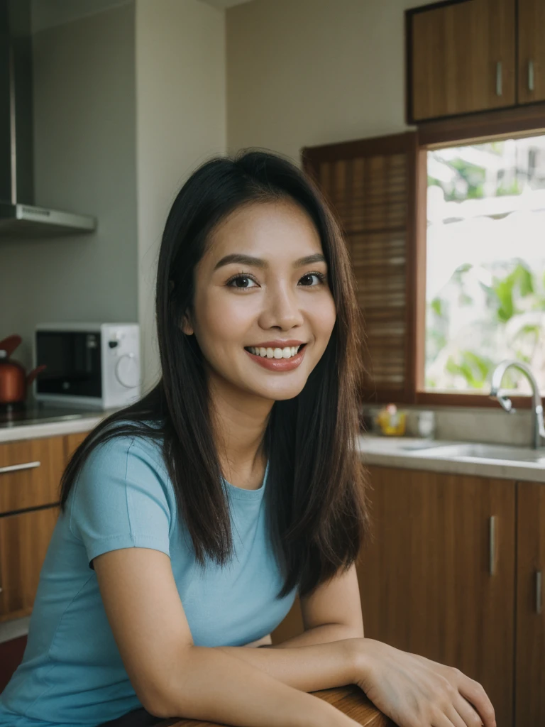 Jasmine, 1girl, solo, realistic, photorealistic, high quality picture, 8k, high resolution, detailed quality, film grain, natural photo, ultrarealistic, (((25-years-old))), ((detailed wrinkles in her face)), FILIPINA, (Background: Thailand), (((SLIM))), ((THIN)), (Slender) ((Jet-black hair)), Light smile, fully clothed, Pose: Sitting, ((sitting on a kitchen chair in her house in Thailand)), Night time, full shot