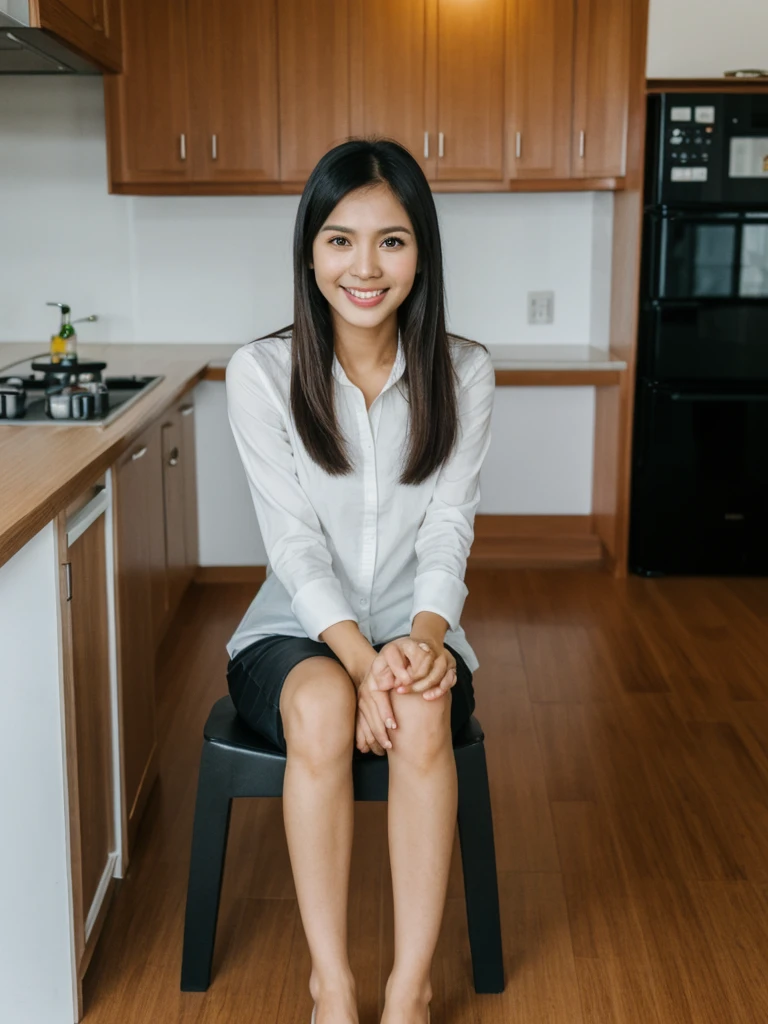 Jasmine, 1girl, solo, realistic, photorealistic, high quality picture, 8k, high resolution, detailed quality, film grain, natural photo, ultrarealistic, (((25-years-old))), ((detailed wrinkles in her face)), FILIPINA, (Background: Thailand), (((SLIM))), ((THIN)), (Slender) ((Jet-black hair)), Light smile, fully clothed, Pose: Sitting, ((sitting on a kitchen chair in her house in Thailand)), Night time, full shot