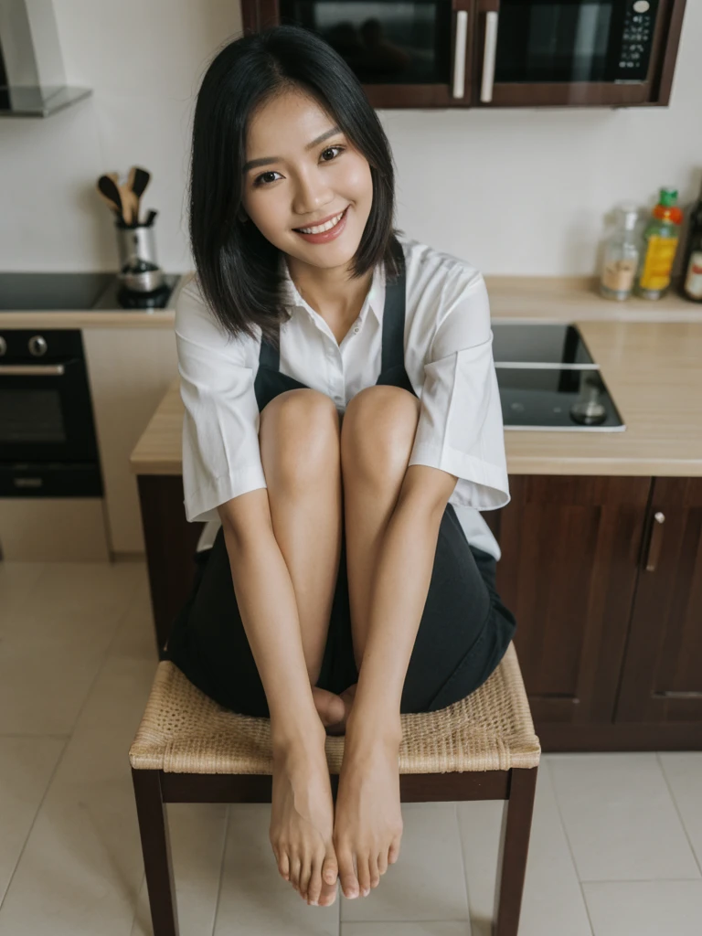 Jasmine, 1girl, solo, realistic, photorealistic, high quality picture, 8k, high resolution, detailed quality, film grain, natural photo, ultrarealistic, (((25-years-old))), ((detailed wrinkles in her face)), FILIPINA, (Background: Thailand), (((SLIM))), ((THIN)), (Slender) ((Jet-black hair)), Light smile, fully clothed, Pose: Sitting, ((sitting on a kitchen chair in her house in Thailand)), Night time, full shot