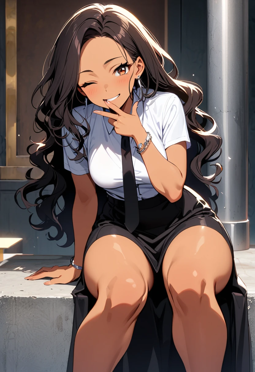 a woman, 19-years-old, solo, mature face, average height, tan skin, (long black wavy hair that's parted in the middle, no bangs:1.2), brown eyes, winking, one eye closed, white blouse, short sleeves, black necktie, black high-waisted skirt, small silver earrings, silver bracelet, leaning back against concrete pillar, indoor, playfully biting finger, thighs