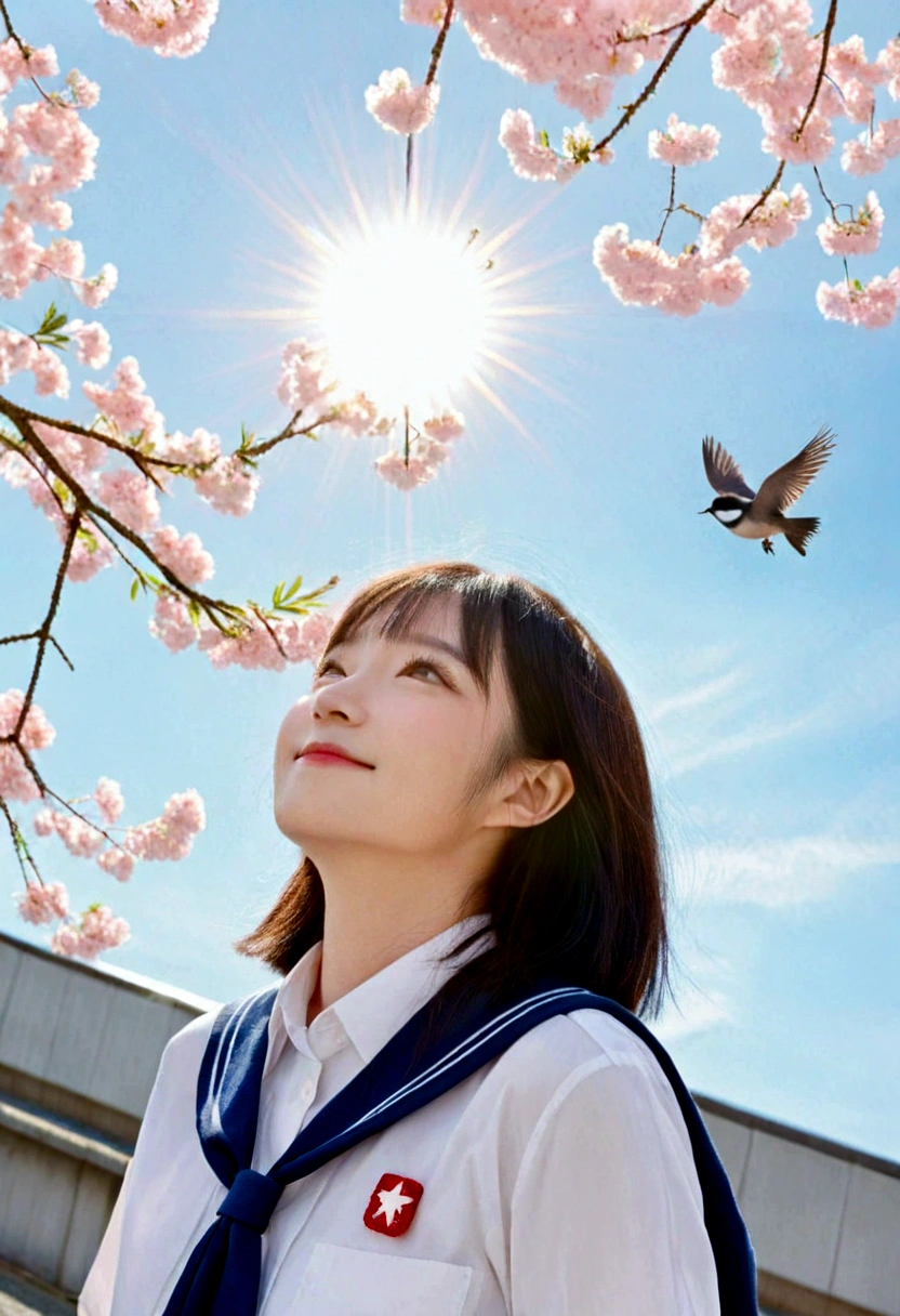 (Highest quality,masterpiece:1.3,Ultra-high resolution),(Very detailed,Caustics,8K),(Realistic:1.4,RAW shooting),1 Girl,(smile),(Looking up at cherry blossoms),18-year-old,cute,Japanese,Short black hair,(school uniform),glamorous,(big ),(Face Focus),street,cherry blossoms,Natural light,(Lens flare),Professional Writing,(Cowboy Shot),(bird's's point of view:1.2),(High position:1.4),(High Angle:1.4)
