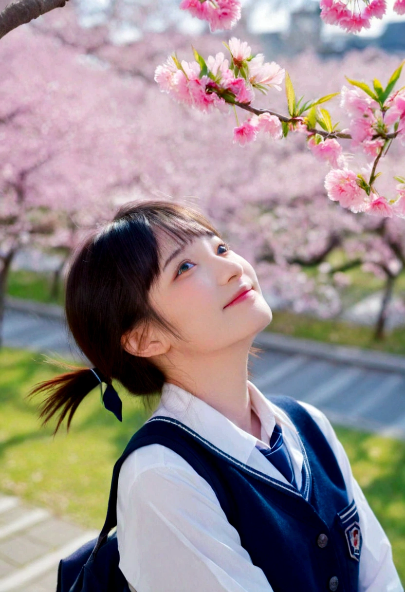 (Highest quality,masterpiece:1.3,Ultra-high resolution),(Very detailed,Caustics,8K),(Realistic:1.4,RAW shooting),1 Girl,(smile),(Looking up at cherry blossoms),18-year-old,cute,Japanese,Short black hair,(school uniform),glamorous,(big ),(Face Focus),street,cherry blossoms,Natural light,(Lens flare),Professional Writing,(Cowboy Shot),(bird&#39;s&#39;s point of view:1.2),(High position:1.4),(High Angle:1.4)