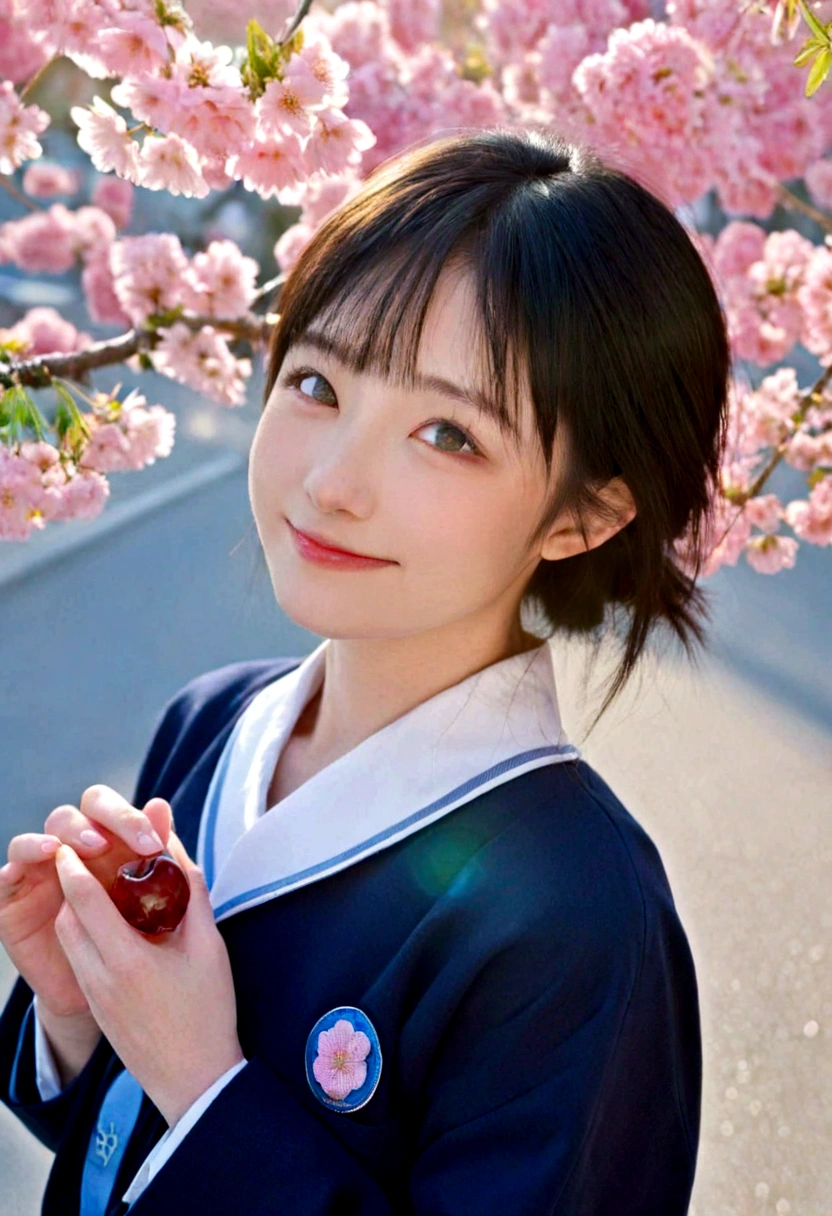 (Highest quality,masterpiece:1.3,Ultra-high resolution),(Very detailed,Caustics,8K),(Realistic:1.4,RAW shooting),1 Girl,(smile),(Looking up at cherry blossoms),18-year-old,cute,Japanese,Short black hair,(school uniform),glamorous,(big ),(Face Focus),street,cherry blossoms,Natural light,(Lens flare),Professional Writing,(Cowboy Shot),(bird's's point of view:1.2),(High position:1.4),(High Angle:1.4)