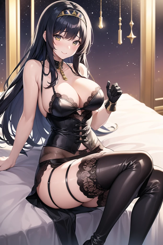 ((best quality)),((Anime illustration)) ,【1girl,1boy(men and women)】,In a hotel bed on a moonlit night,Beautiful night view, 【nsfw】【1boy】【penis】,((Black-haired Cleopatra)),(bra lift),Beautiful black lingerie,(mini tight skirt),((Gorgeous big breasts shining)),Lace Top Stockings,Knee-high boots,garter belt,Long satin gloves,(Laughing with your fingers),Crossing your legs,Condescending look,Provocative pose,Sexy body