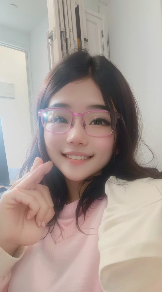 One wears glasses、girl in pink shirt, wear glasses, 21 years old,Lovely smile,high quality