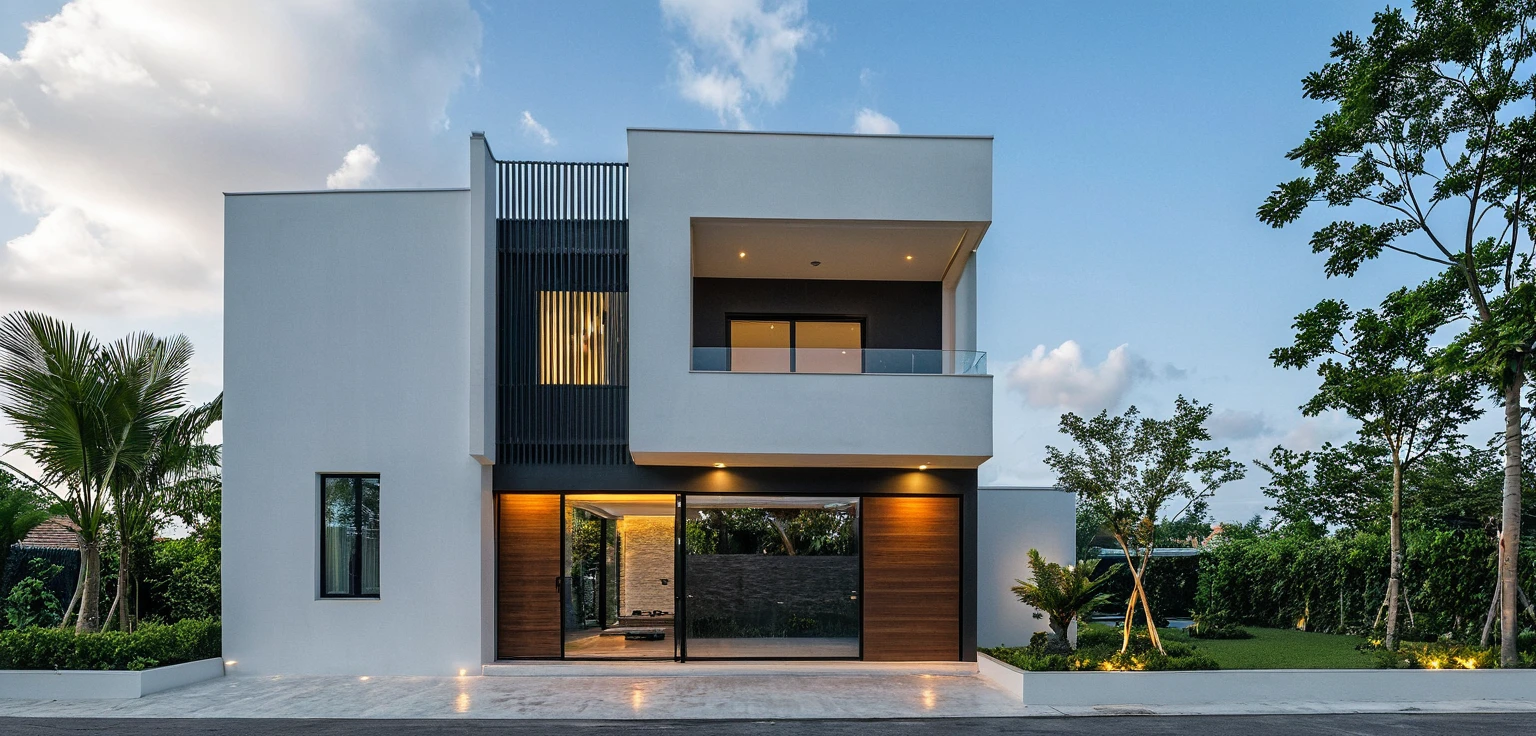 Masterpiece, high quality, best quality, authentic, super detail, outdoors, onestoreyvillaXL, aiaigroup, house style modern on the street ,stairs, white wall ,road,pavement, grass, trees, sky, cloud, (daylight:1.1),((pool front of villa))
