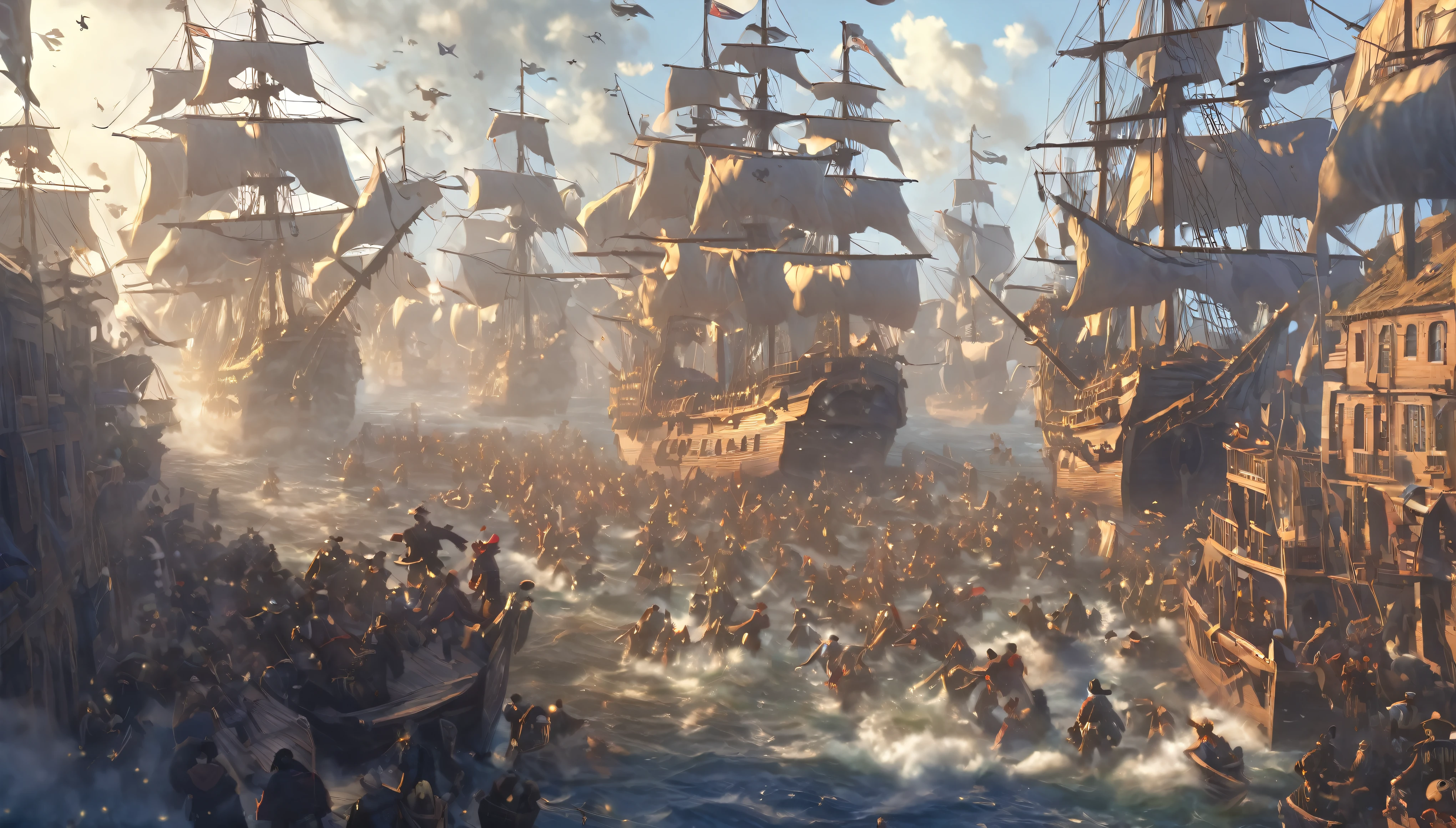 masterpiece, best quality, extremely detailed, hyperrealistic:1.1, photorealistic, city, a lot of pirates, runnning to the viewer, dynamic angle
