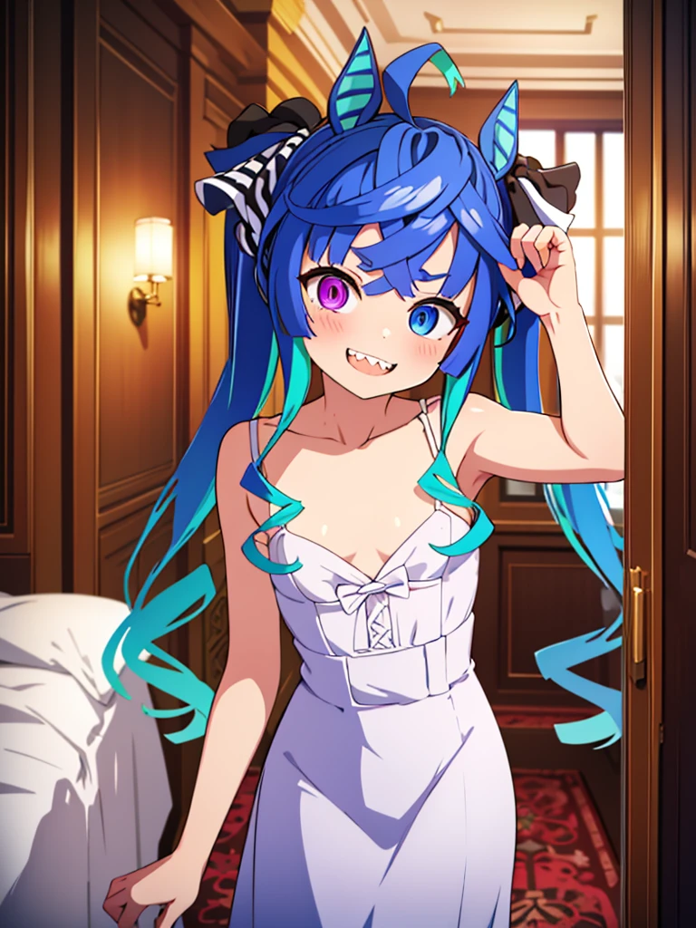 (masterpiece、top-quality、hight resolution)、((pov)), In a luxurious hotel room in an imaginary country, a call girl has just arrived. She stands at the door, dressed in seductive, provocative clothing that clearly marks her profession. The room is elegantly furnished with soft lighting, creating an intimate and inviting atmosphere. The call girl has a perfect, seemingly genuine smile on her face, though it is clear her job is to appear pleasing. She is the only person in the room, adding to the sense of privacy and exclusivity. The overall scene exudes a blend of luxury, seduction, and professional charm. nsfw, breast focus, Twin_Turbo_Umamusume, aqua hair, twintails, heterochromia, purple eyes, blue eyes, sharp teeth, ((flat chest)), happy, hores tails,